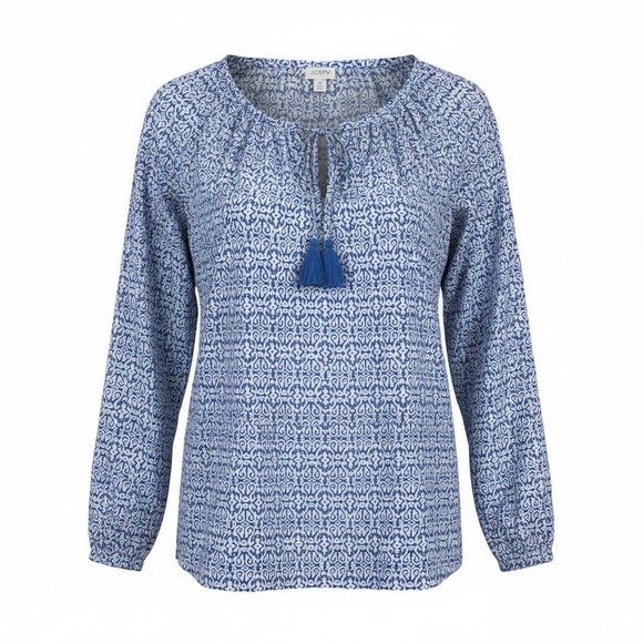 J. Crew Tops - J Crew Blue White Print Tassel Tie Neck Long Sleeve Peasant Blouse Top M